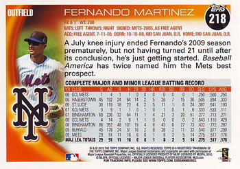 2010 Topps #218 Fernando Martinez Back
