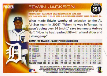 2010 Topps #254 Edwin Jackson Back