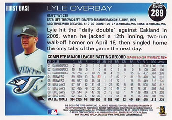 2010 Topps #289 Lyle Overbay Back