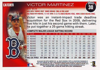 2010 Topps #30 Victor Martinez Back