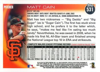2010 Topps #531 Matt Cain Back