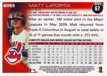 2010 Topps #67 Matt LaPorta Back