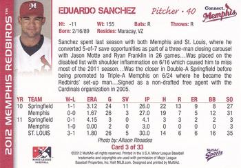 2012 MultiAd Memphis Redbirds #3 Eduardo Sanchez Back