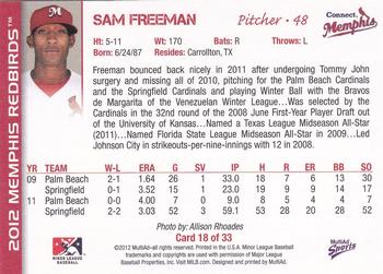 2012 MultiAd Memphis Redbirds #18 Sam Freeman Back