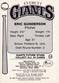 1987 Pacific Everett Giants #13 Eric Gunderson Back
