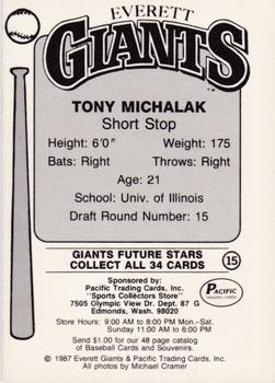 1987 Pacific Everett Giants #15 Tony Michalak Back