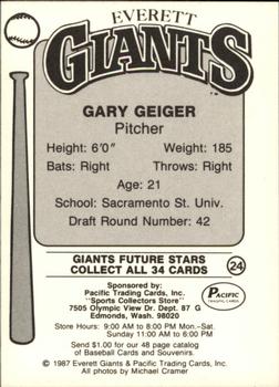 1987 Pacific Everett Giants #24 Gary Geiger Back