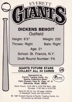 1987 Pacific Everett Giants #28 Dickens Benoit Back