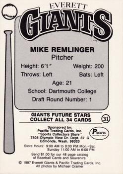 1987 Pacific Everett Giants #31 Mike Remlinger Back