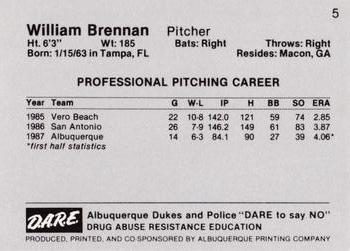 1987 Albuquerque Dukes Police #5 William Brennan Back