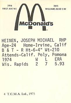 1975 TCMA Cedar Rapids Giants #4 Joe Heinen Back