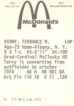 1975 TCMA Cedar Rapids Giants #31 Terry Kenny Back