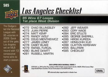 2010 Upper Deck #585 Dodgers Checklist (Clayton Kershaw / Matt Kemp) Back