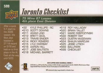 2010 Upper Deck #599 Blue Jays Checklist (Roy Halladay / Aaron Hill) Back