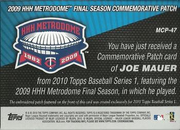 2010 Topps - Manufactured Commemorative Patch #MCP-47 Joe Mauer Back