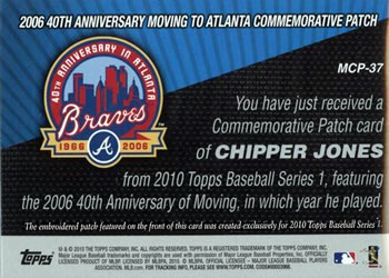 2010 Topps - Manufactured Commemorative Patch #MCP-37 Chipper Jones Back