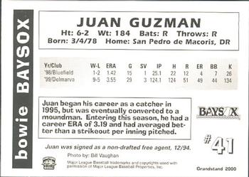 2000 Grandstand Bowie Baysox #NNO Juan Guzman Back