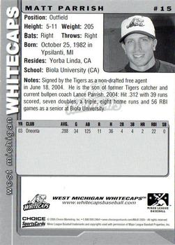 2005 Choice West Michigan Whitecaps #15 Matt Parrish Back