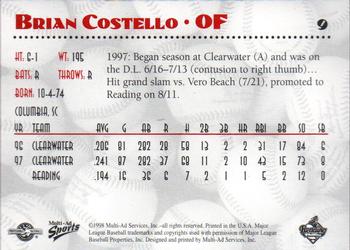 1998 Multi-Ad Reading Phillies #9 Brian Costello Back