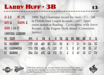 1998 Multi-Ad Reading Phillies #13 Larry Huff Back