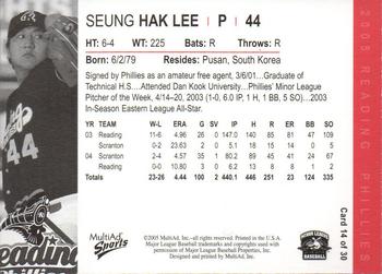 2005 MultiAd Reading Phillies #14 Seung-Hak Lee Back