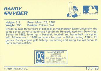 1989 Star Stockton Ports - Platinum #16 Randy Snyder Back