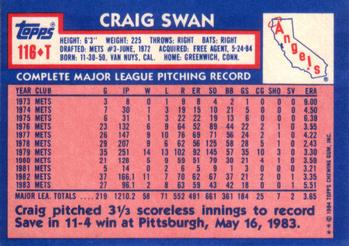 1984 Topps Traded #116T Craig Swan Back