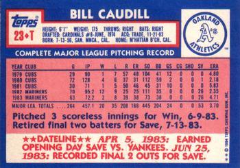 1984 Topps Traded #23T Bill Caudill Back