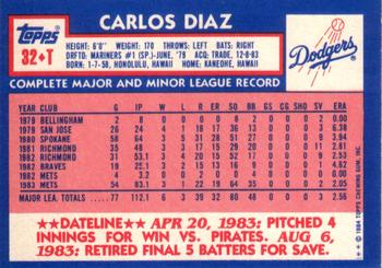 1984 Topps Traded #32T Carlos Diaz Back