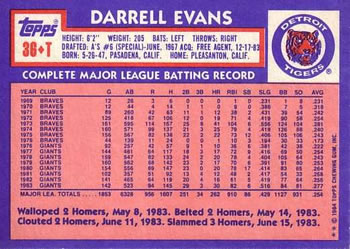 1984 Topps Traded #36T Darrell Evans Back