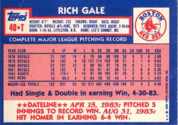 1984 Topps Traded #40T Rich Gale Back