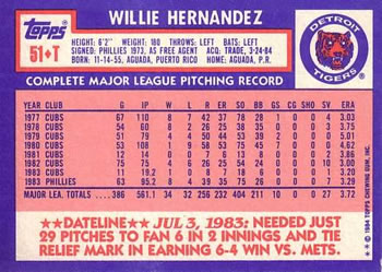 1984 Topps Traded #51T Willie Hernandez Back
