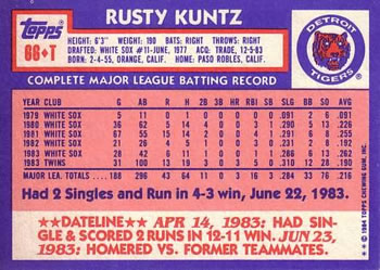 1984 Topps Traded #66T Rusty Kuntz Back