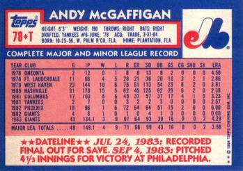 1984 Topps Traded #78T Andy McGaffigan Back