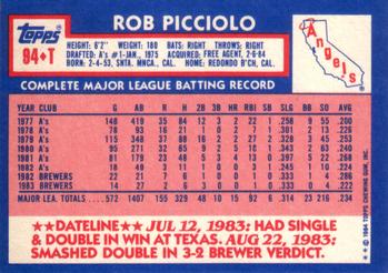 1984 Topps Traded #94T Rob Picciolo Back