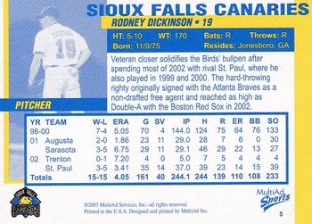 2003 MultiAd Sioux Falls Canaries #5 Rodney Dickinson Back