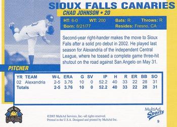 2003 MultiAd Sioux Falls Canaries #9 Chad Johnson Back