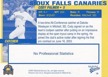 2003 MultiAd Sioux Falls Canaries #16 Cody Palmer Back