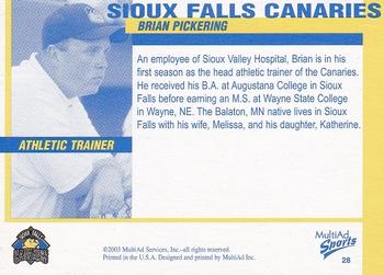 2003 MultiAd Sioux Falls Canaries #28 Brian Pickering Back