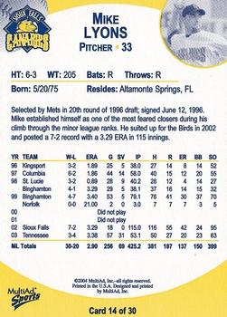 2004 MultiAd Sioux Falls Canaries #14 Mike Lyons Back