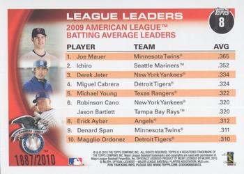 2010 Topps - Gold #8 AL Batting Average Leaders (Joe Mauer / Ichiro / Derek Jeter) Back