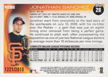 2010 Topps - Gold #28 Jonathan Sanchez Back
