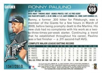 2010 Topps - Gold #558 Ronny Paulino Back