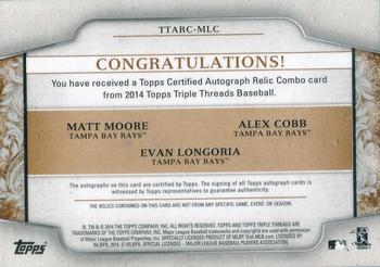 2014 Topps Triple Threads - Autograph Relic Combos Sepia #TTARC-MLC Alex Cobb / Evan Longoria / Matt Moore Back