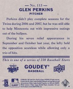 2008 Upper Deck Goudey - Mini Black Backs #113 Glen Perkins Back