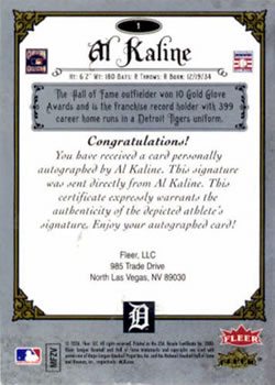 2006 Fleer Greats of the Game - Autographs #1 Al Kaline Back