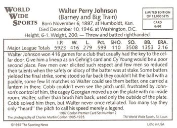1987 Conlon World Wide Sports Series 2 #6 Walter Johnson Back