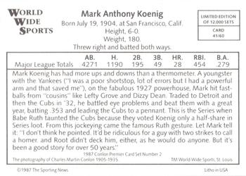 1987 Conlon World Wide Sports Series 2 #41 Mark Koenig Back