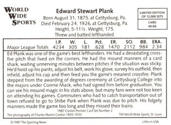 1987 Conlon World Wide Sports Series 2 #49 Edward Plank Back