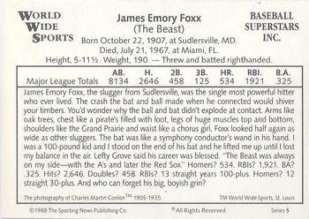 1988 Conlon World Wide Sports Series 5 #NNO Jimmie Foxx Back